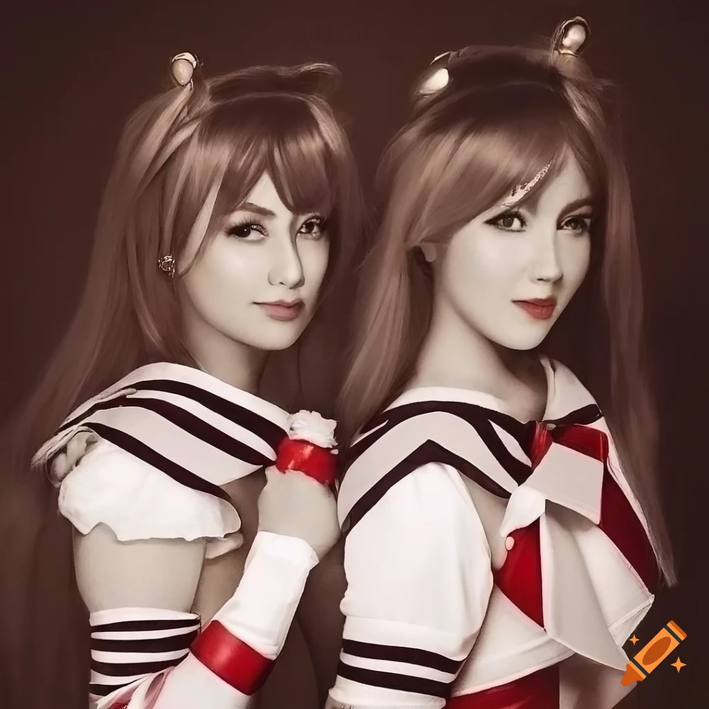twin sisters cosplaying Sailor Moon in sepia photo