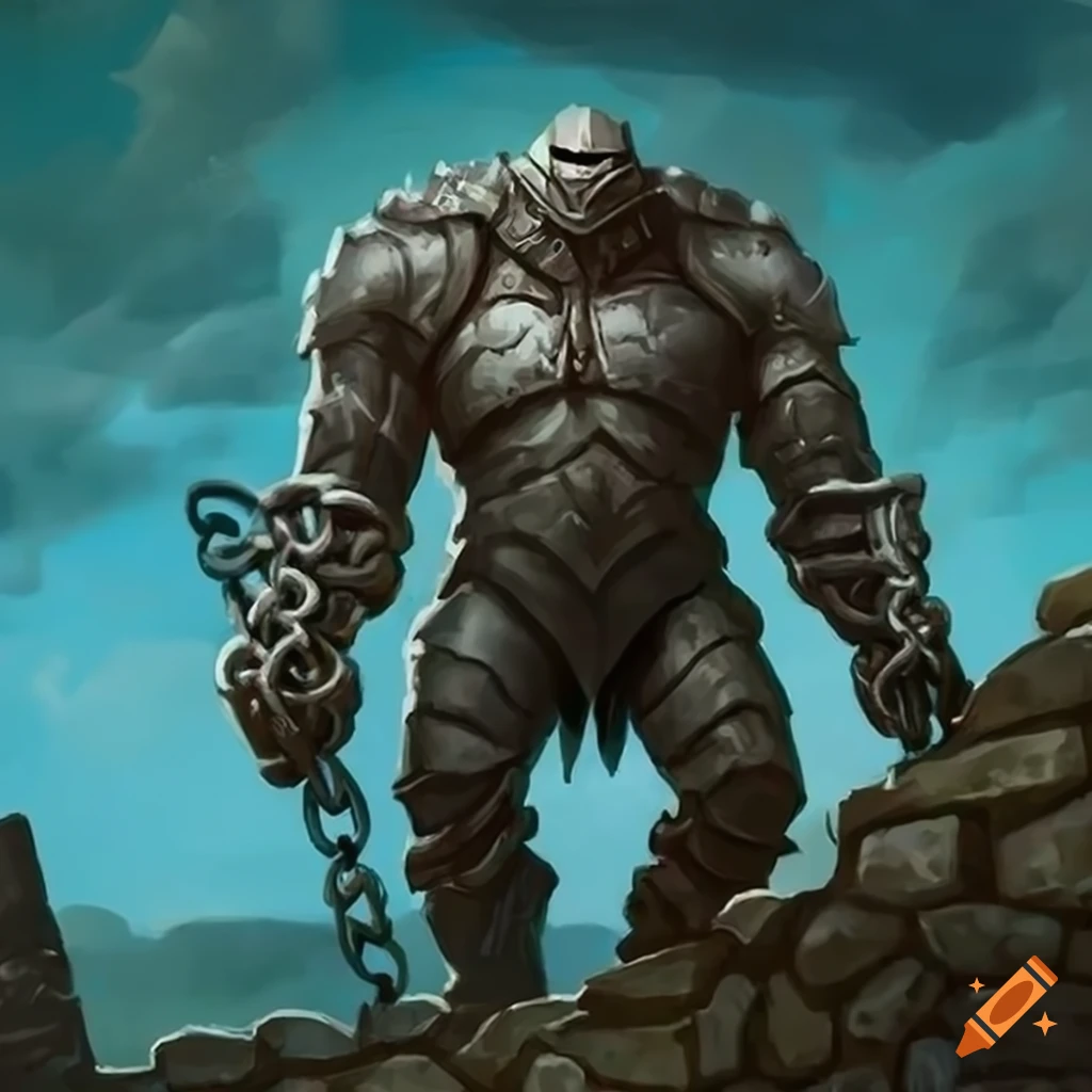 Illustration of an iron golem knight chained to a stone wall on Craiyon