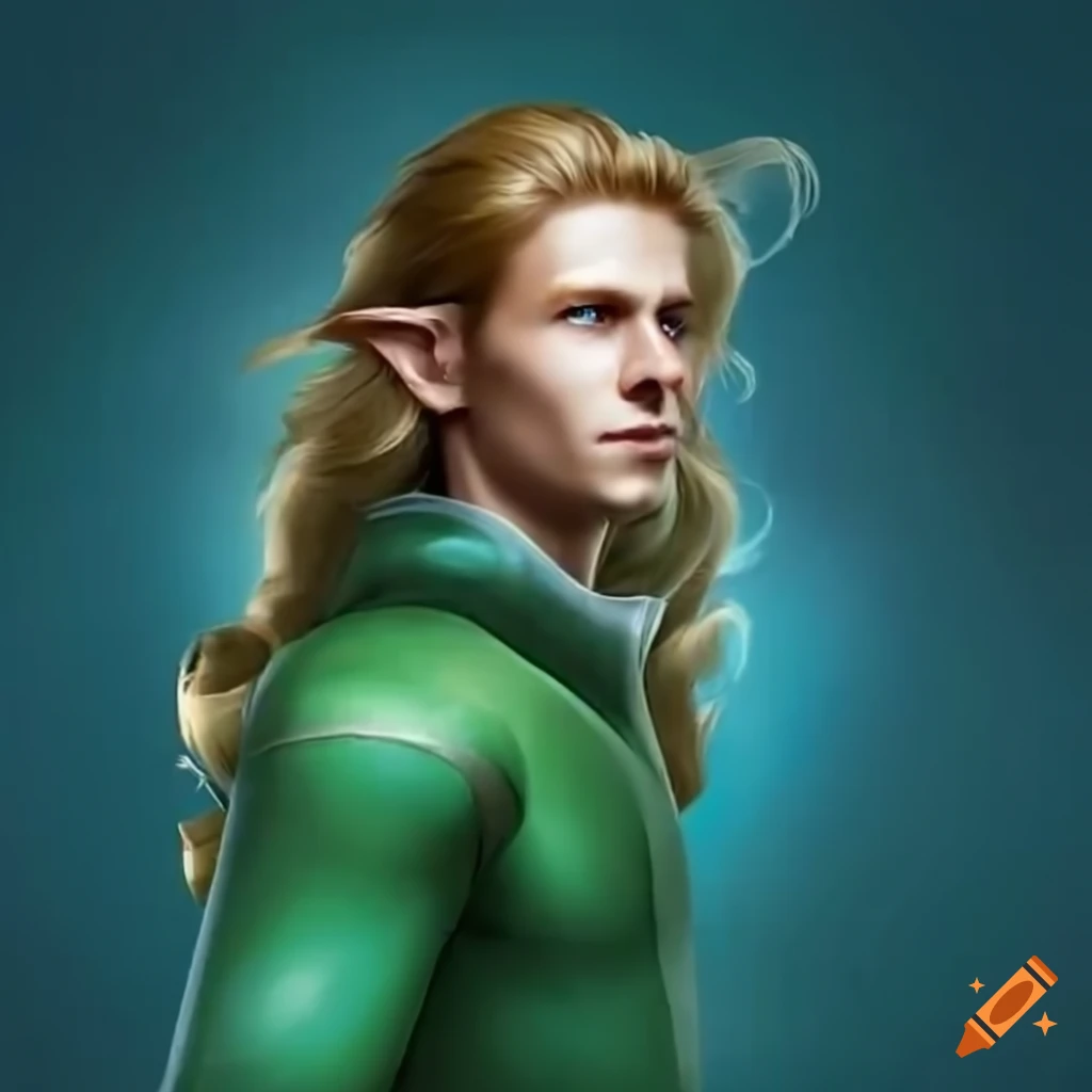 Male elf with long light brown hair and piercing green eyes on Craiyon
