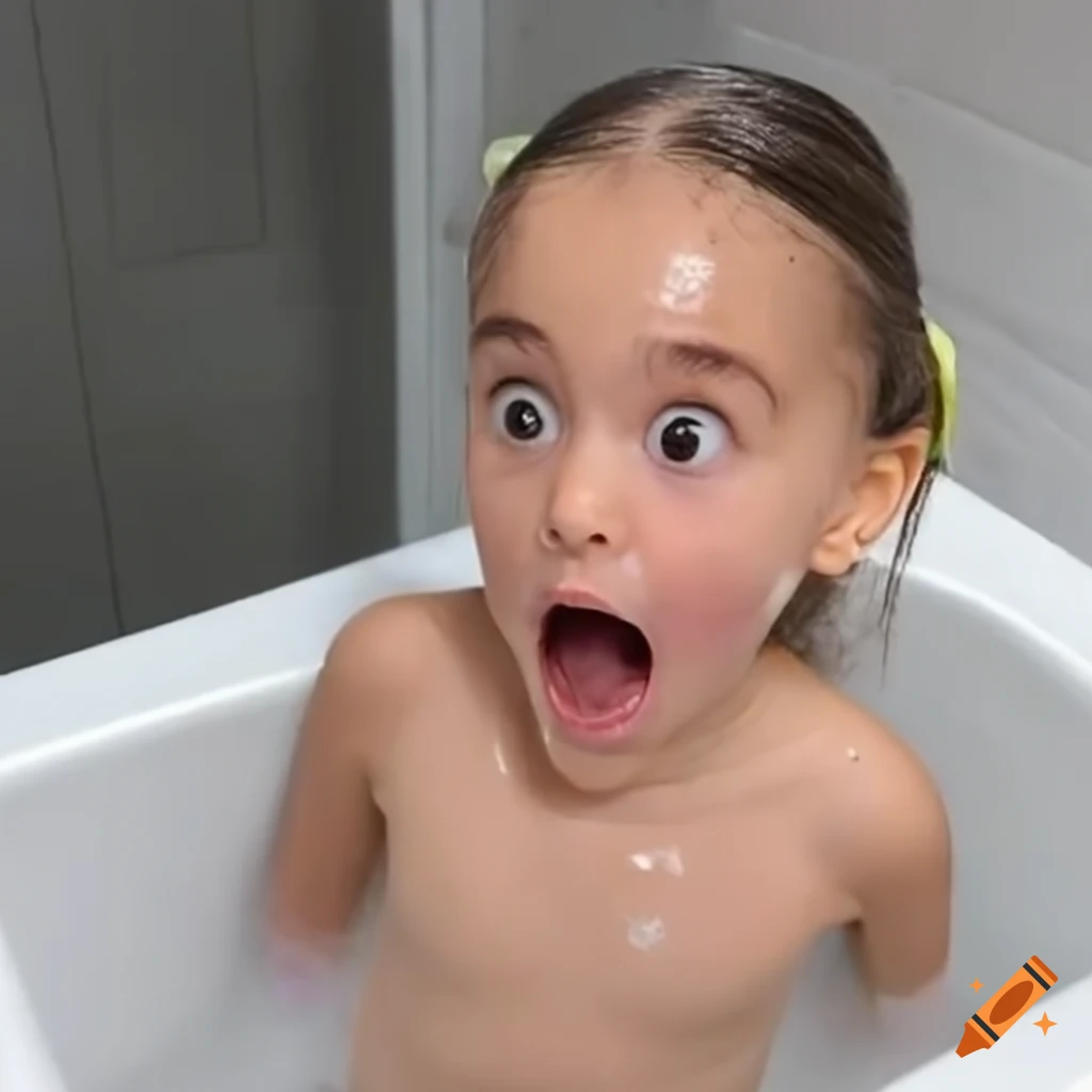 surprised toddler girl with pigtails during bath time