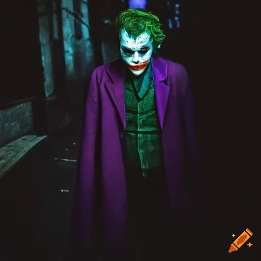 Heath ledger as the joker in an alley at night