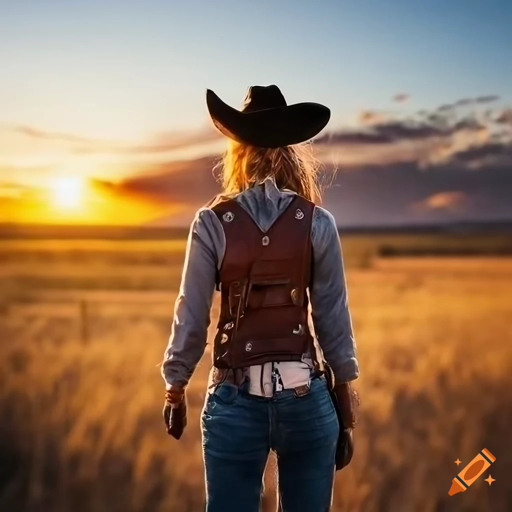 photorealistic composition of a western cowgirl riding a horse