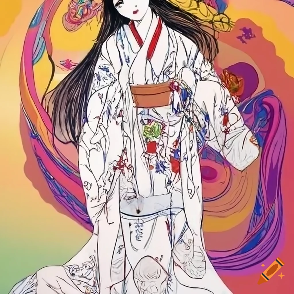 colorful manga ink sketch of a Japanese woman