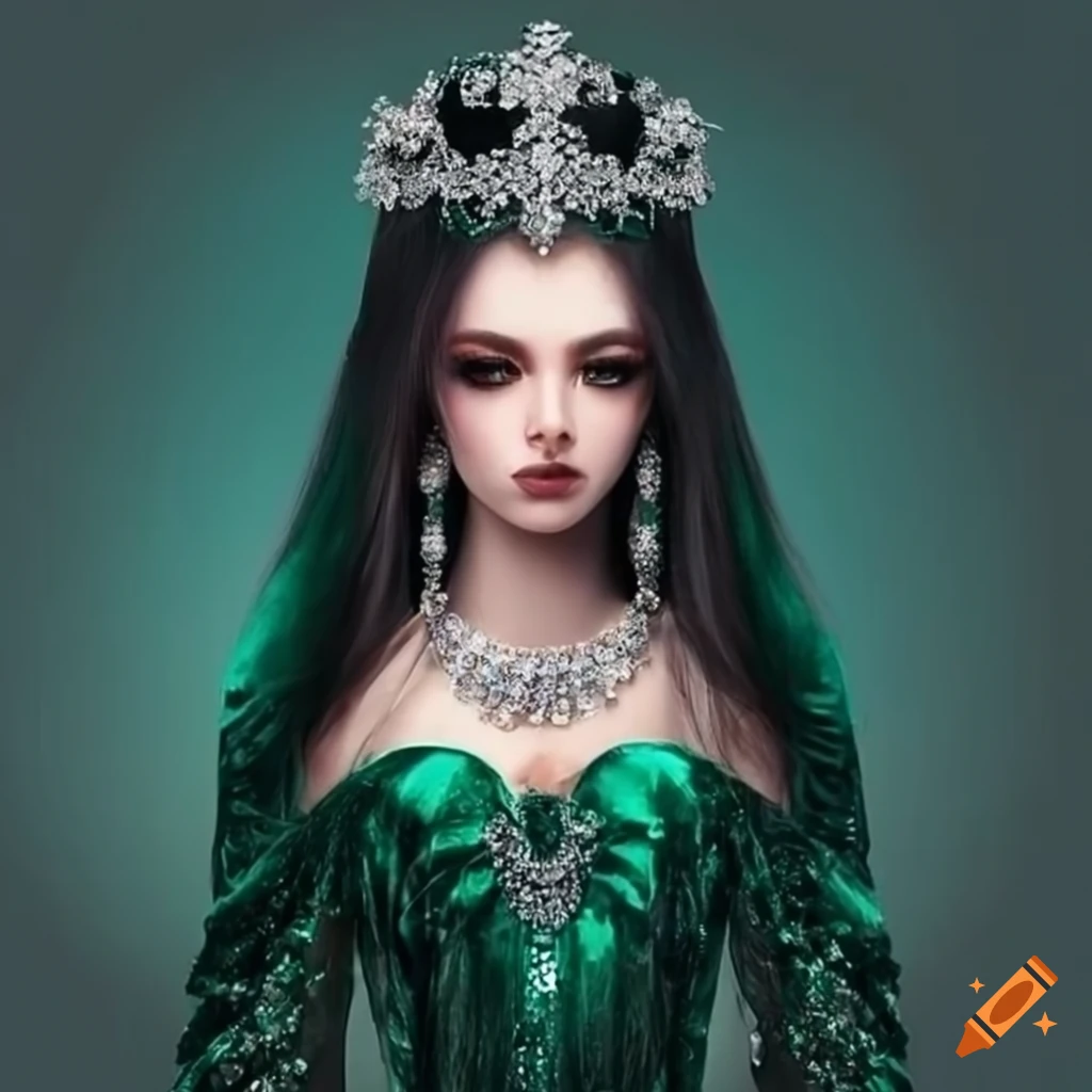 image of a dark-haired princess in a green sequin dress