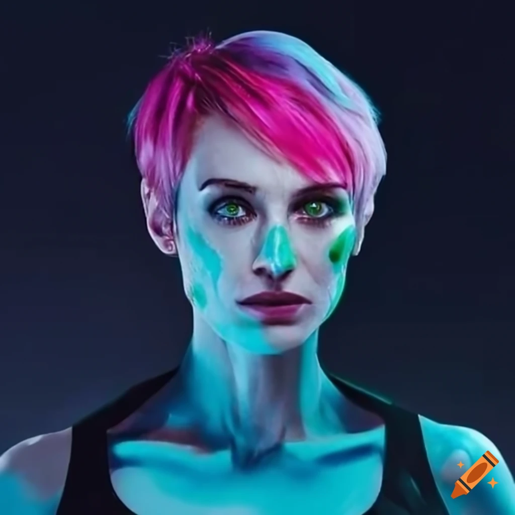 portrait of an actress with short pink hair and green eyes