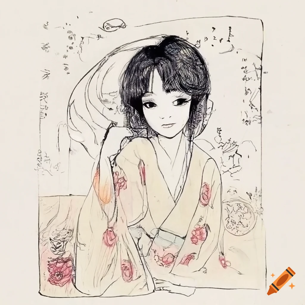colorful manga sketch of a Japanese woman