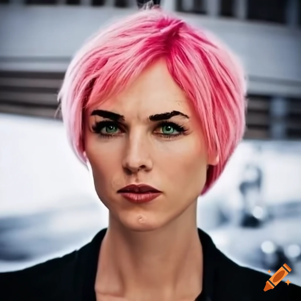 portrait of a pink-haired woman with green eyes