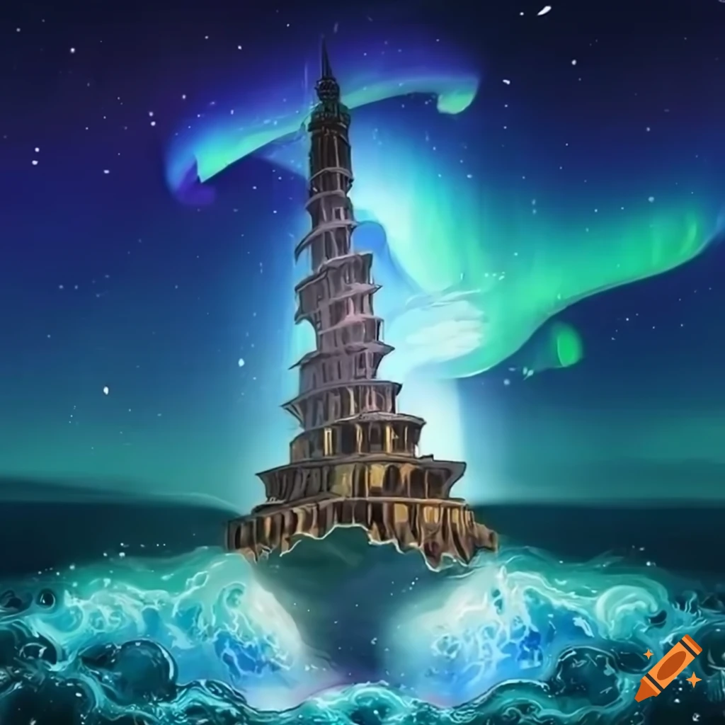 anime-style-illustration-of-tower-of-babel-with-sea-waves-and-aurora