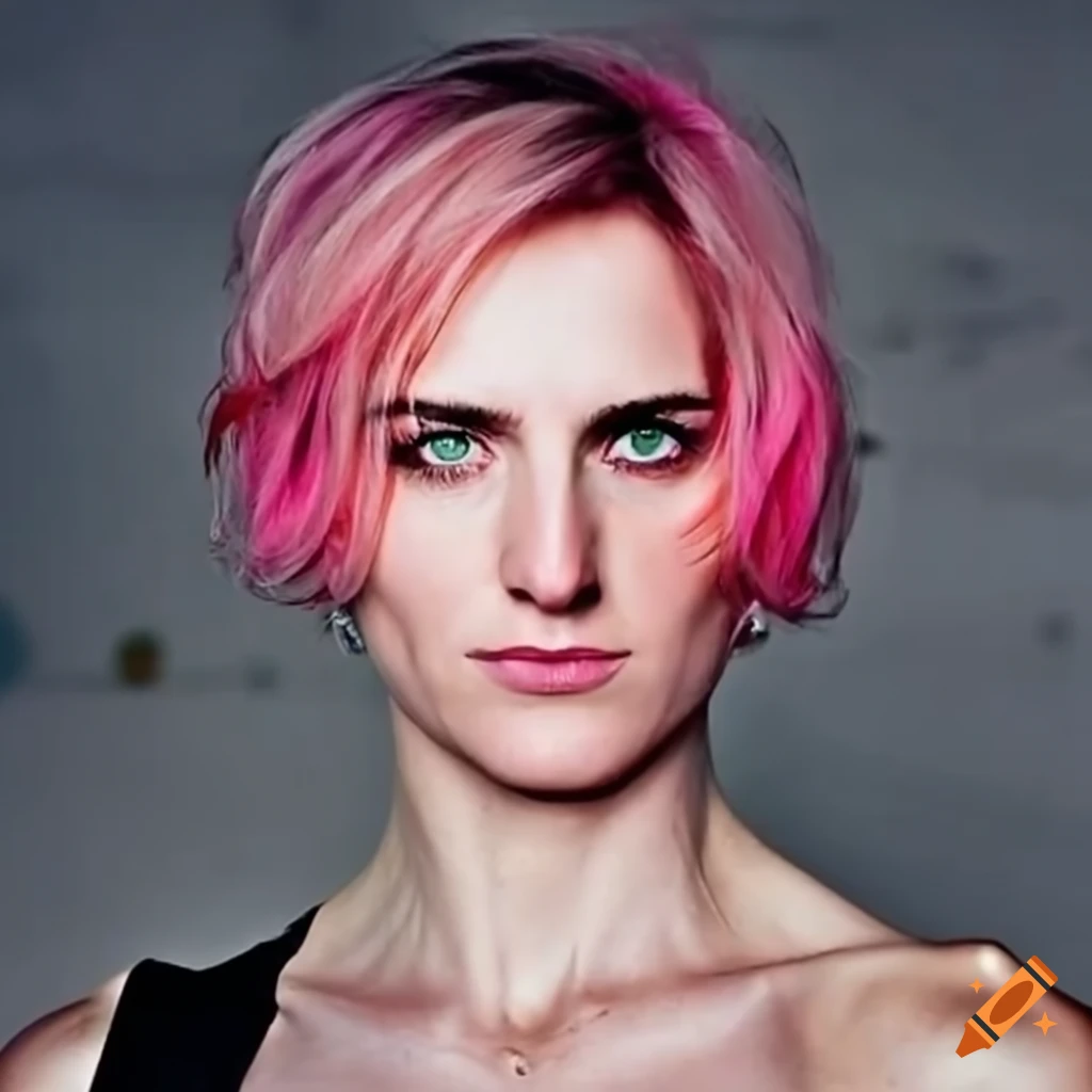 portrait of a pink-haired woman with green eyes