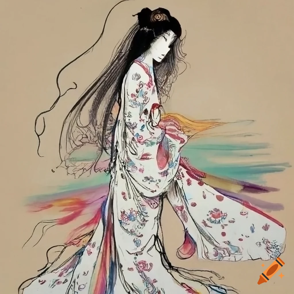 colorful manga sketch of a Japanese woman in white