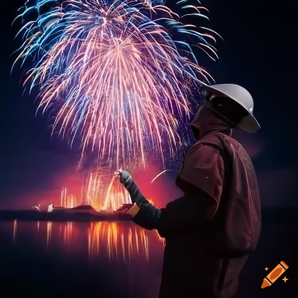 Pancake landscape with people playing grand pianos and fireworks at ...