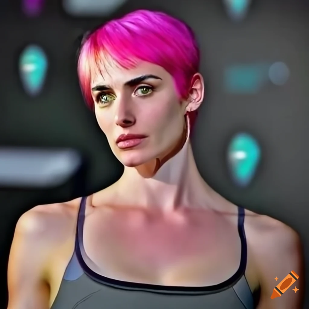 portrait of a pink-haired woman with green eyes
