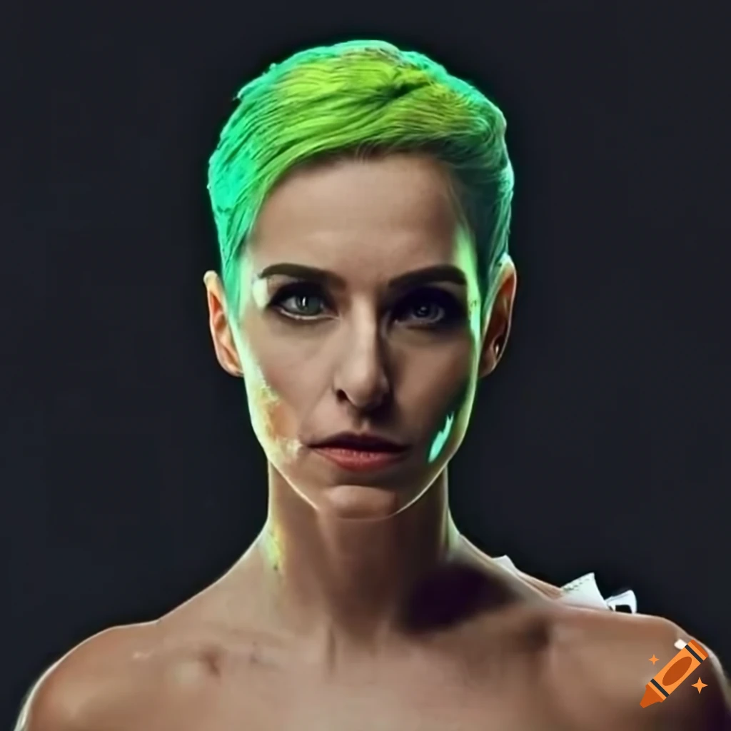 Image of an android character with green hair and triangle paint on her ...