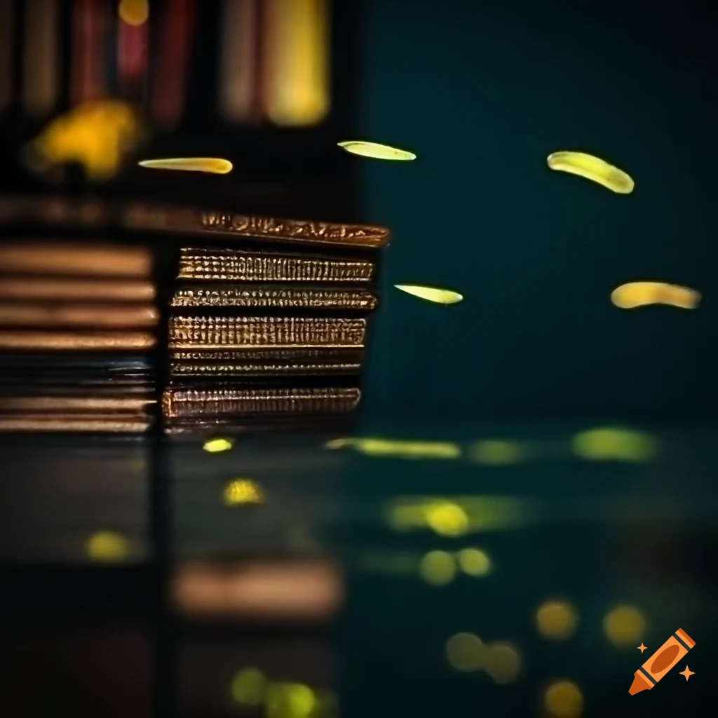 golden coins floating in a library