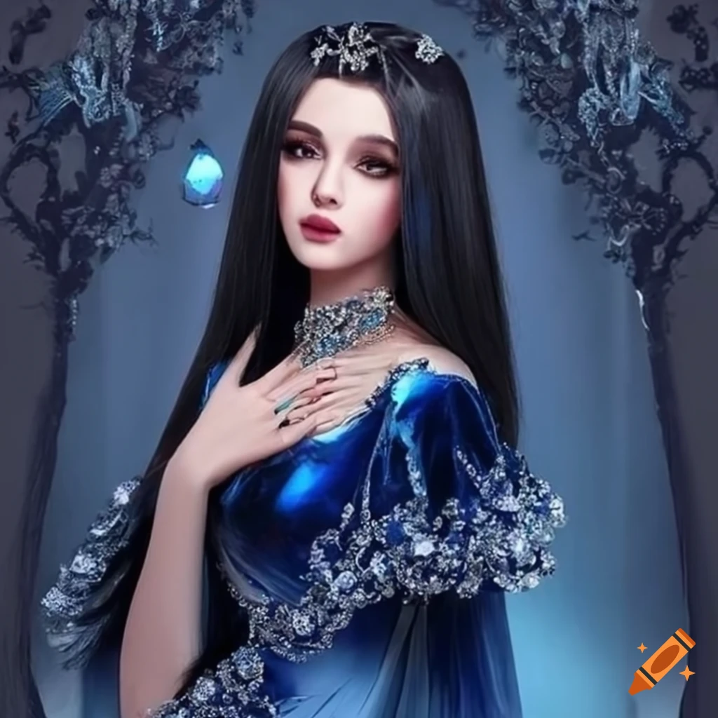 Ethereal princess in a dark blue sequin velvet dress