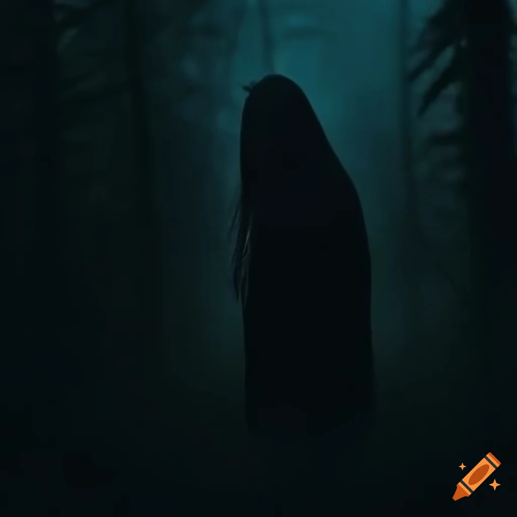 Person in black metal attire standing in a dark forest on Craiyon