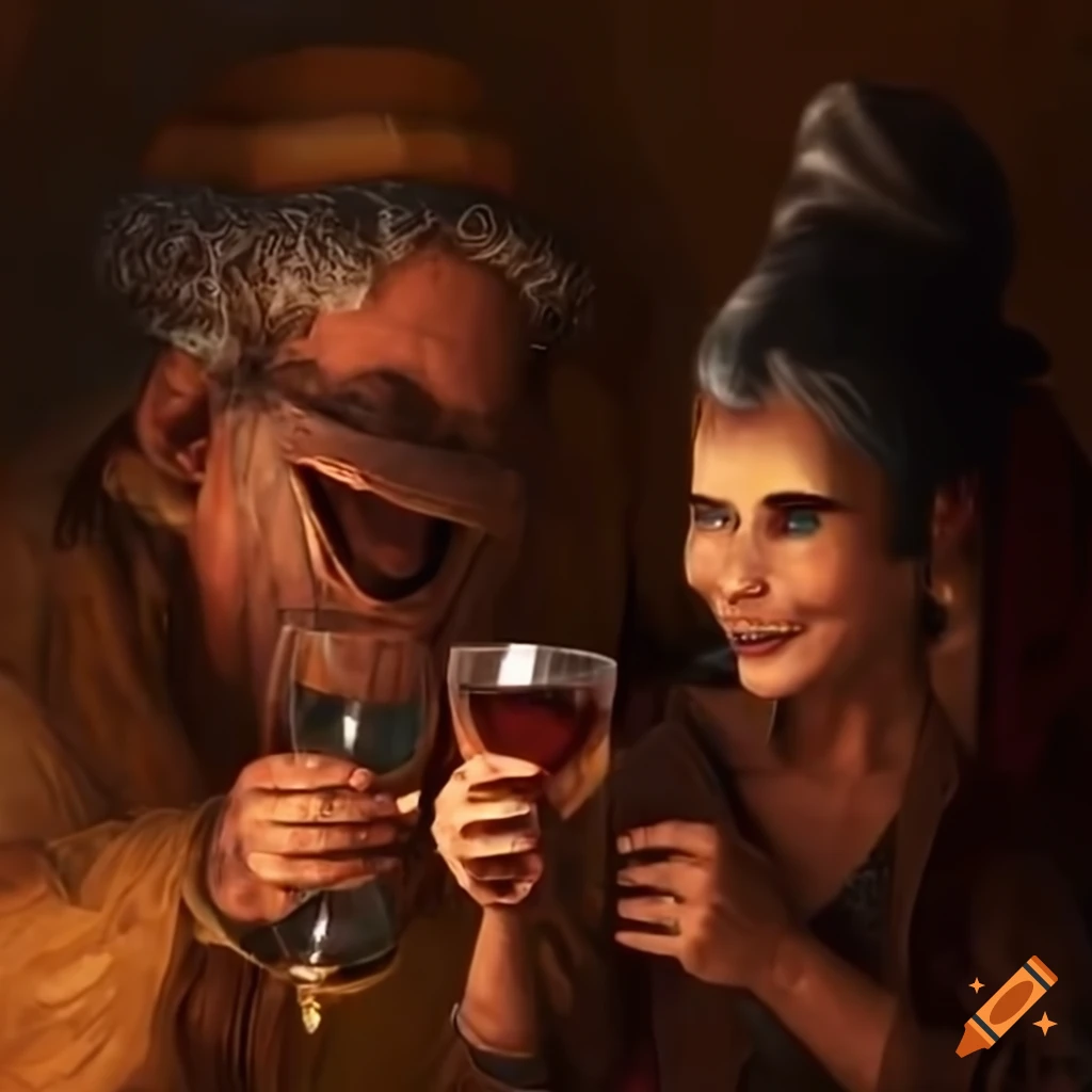 image of villagers enjoying wine and dancing in a canyon