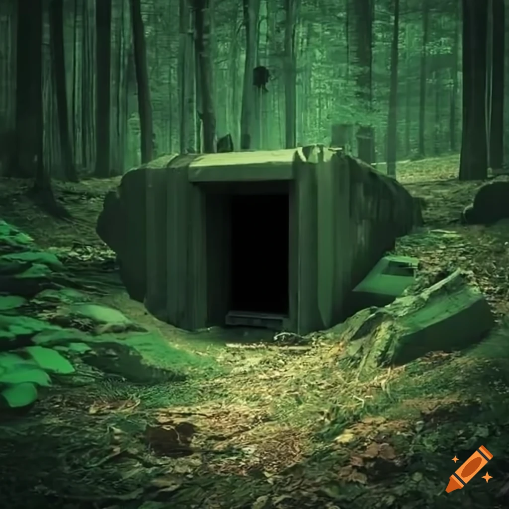 Image of an underground bunker nestled in a forest on Craiyon