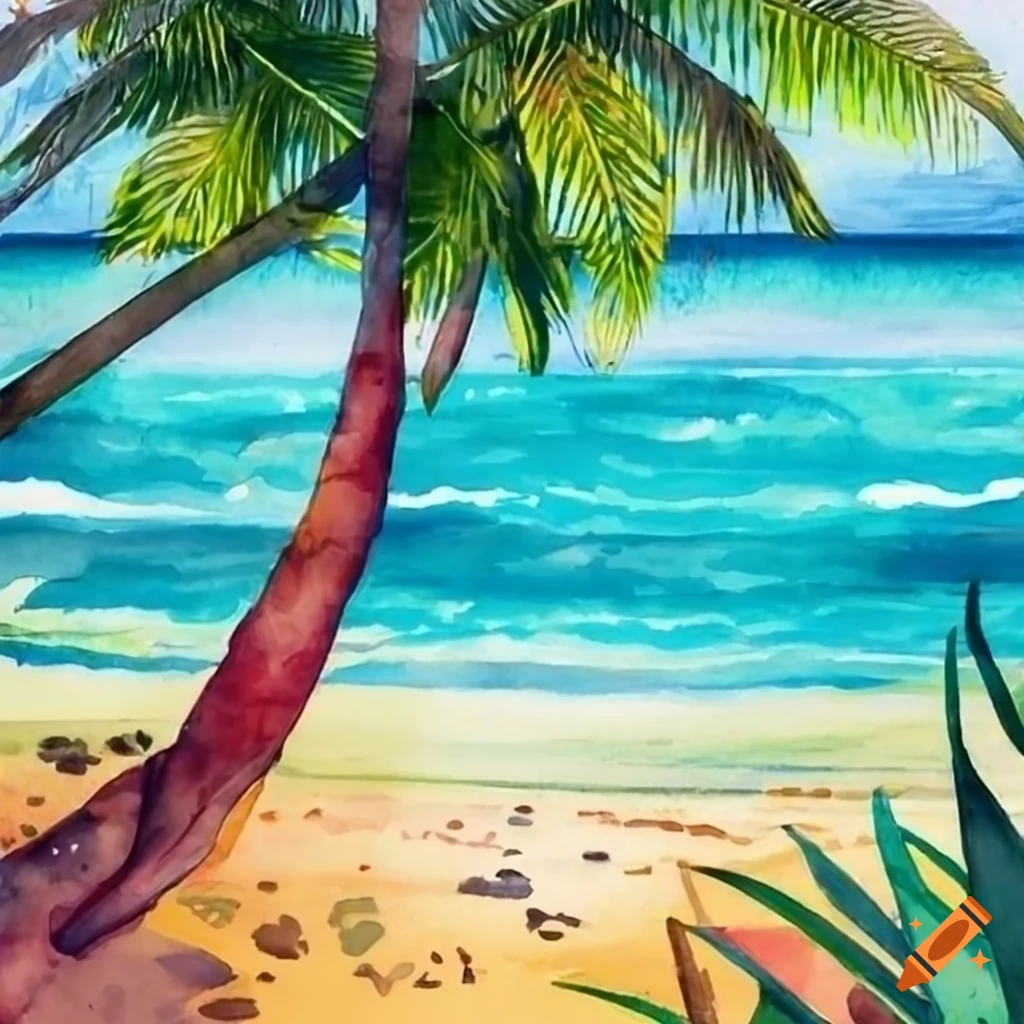 Watercolor painting of a tropical beach