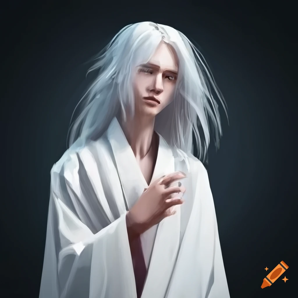 portrait of a pale man in a white kimono