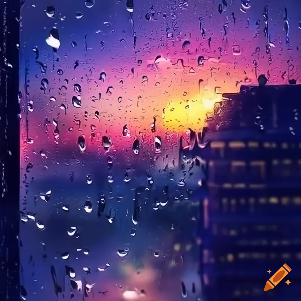 anime-style view from a rainy window at night