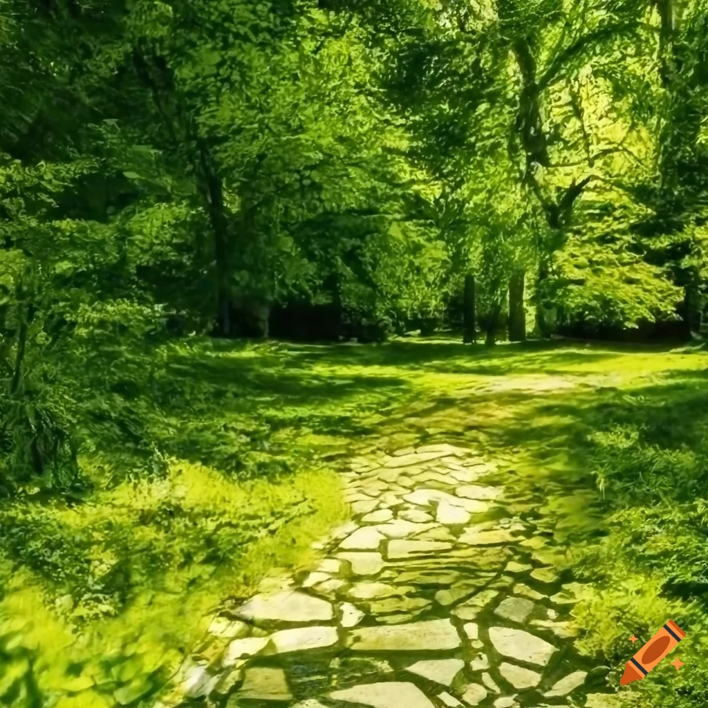 sunlit garden path with voronoi patterned tiles