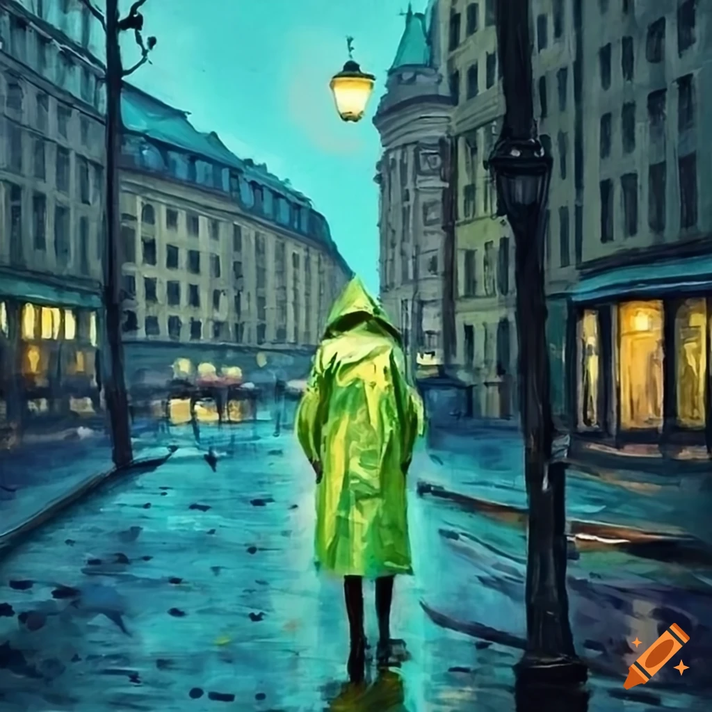 Painting of a woman in green raincoat under a streetlight on Craiyon