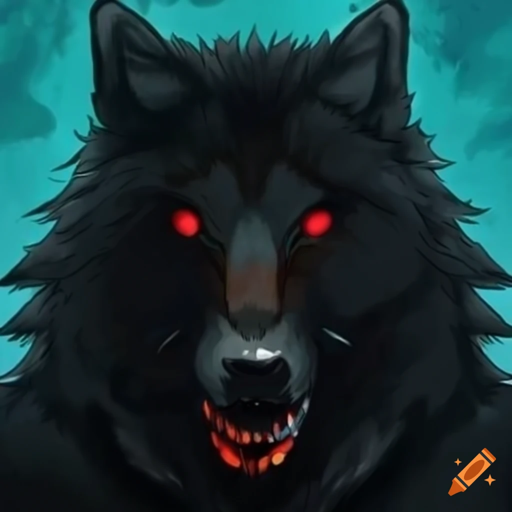 Dark fantasy art of a black wolf with warriors on Craiyon