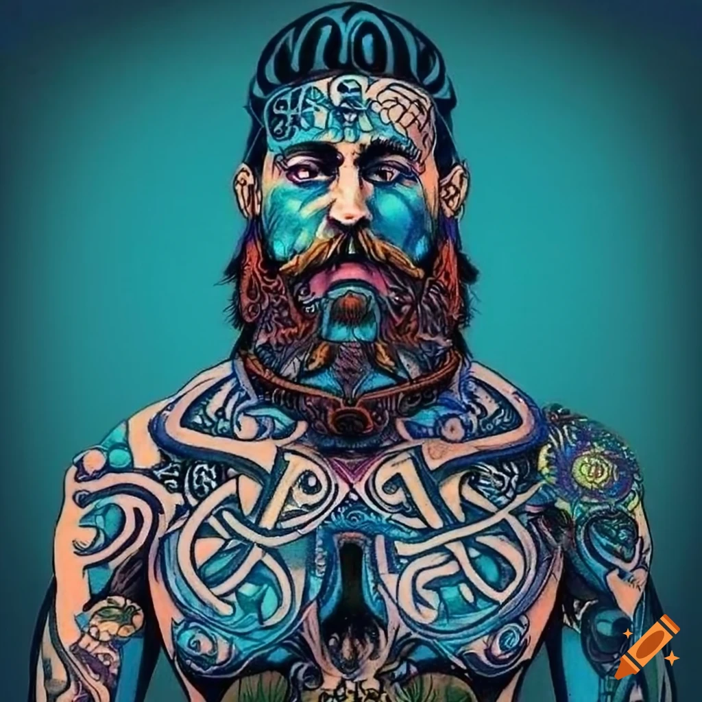 Man with sexy muscular torso. Bearded man with tattooed chest. Fit model  with tattoo design on skin. Sportsman or athlete with stylish beard and  hair. Bodycare or wellness and sport Stock Photo