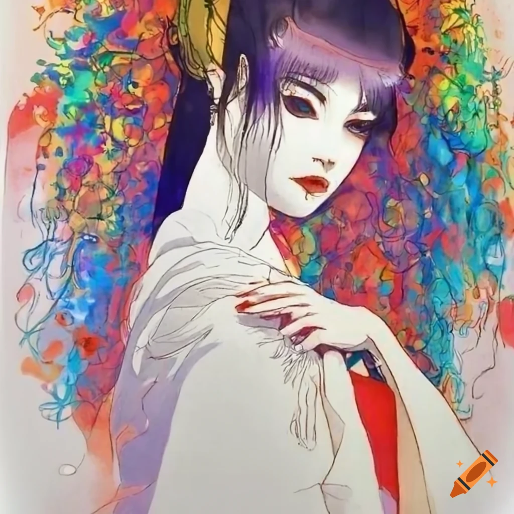 colorful manga sketch of a Japanese woman in white