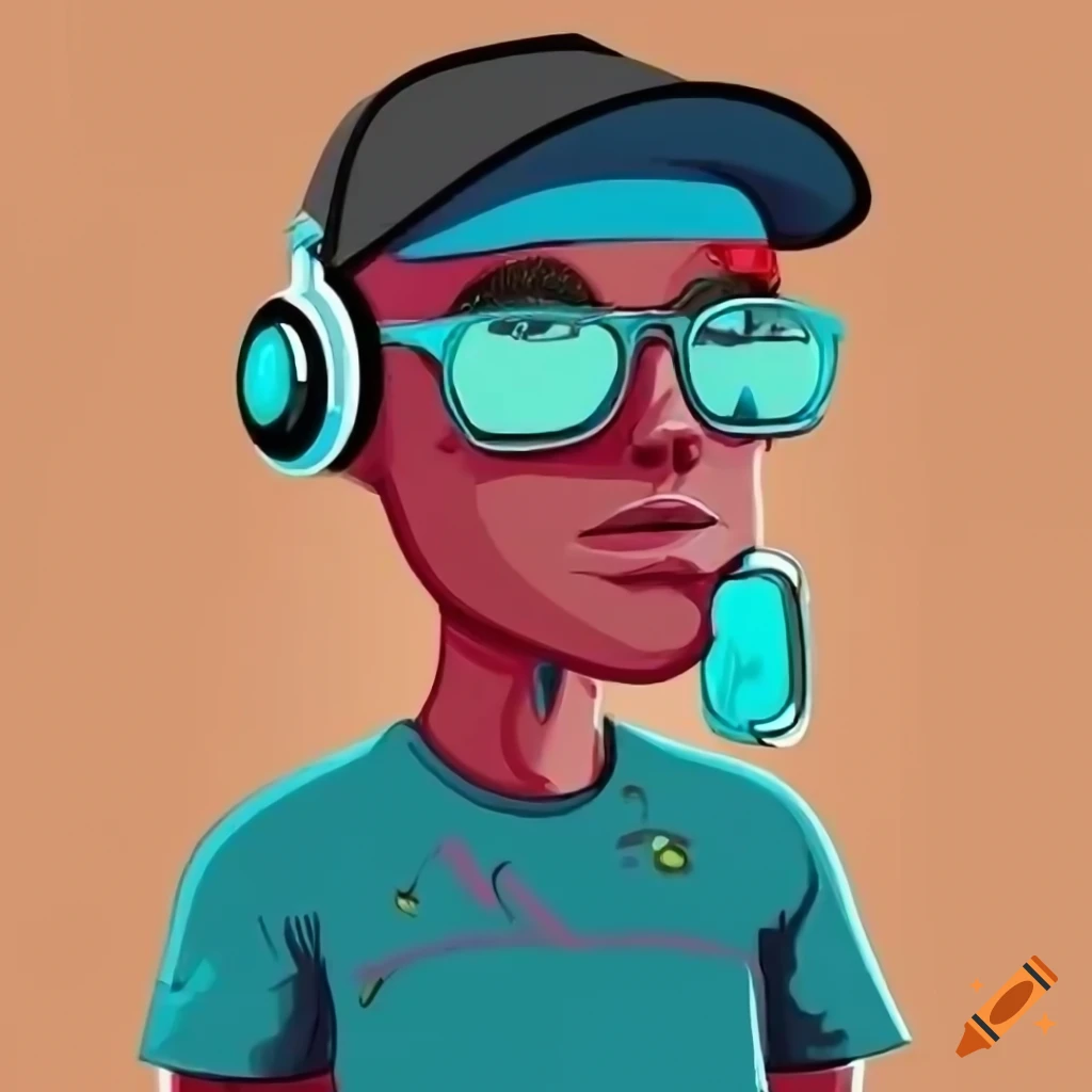 cartoon style skater head with cap, glasses, and headphones