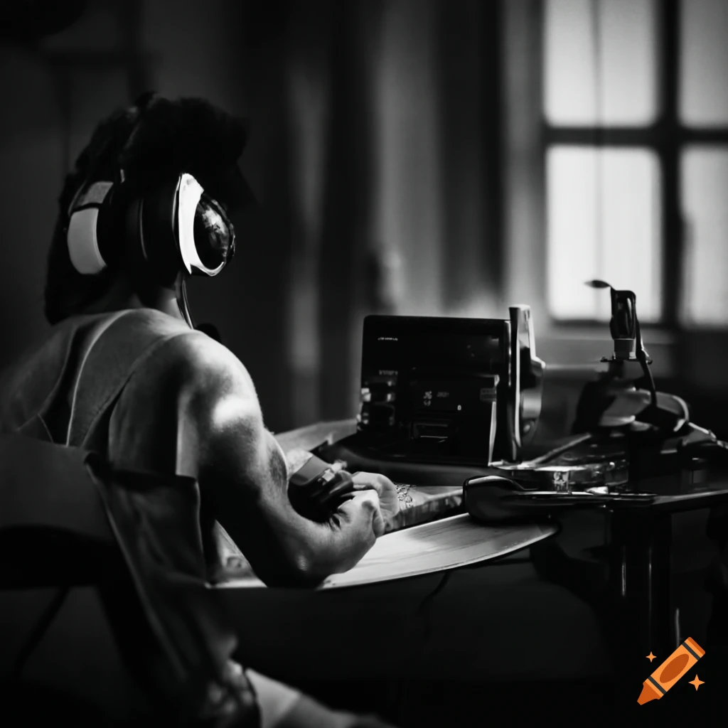 Rapper writing a song at a table on Craiyon