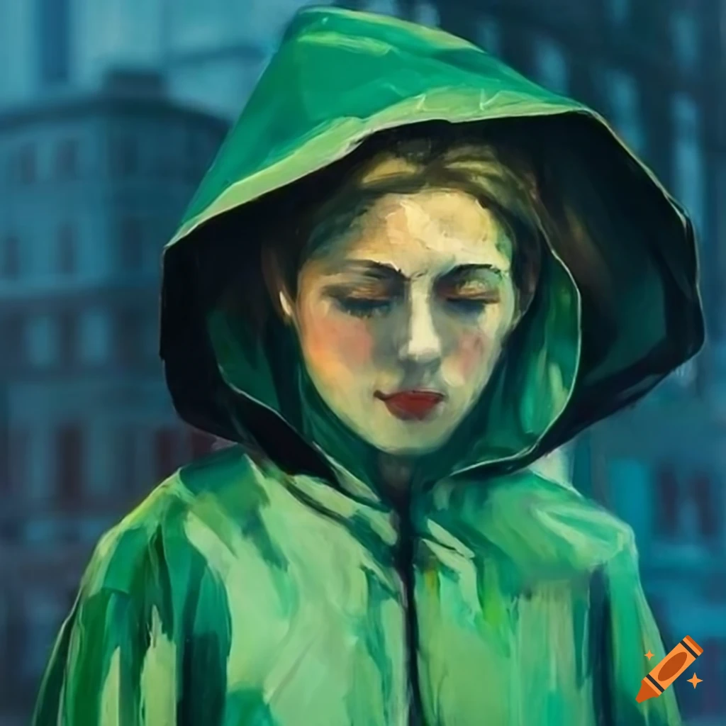 Painting of a woman in green raincoat under a streetlight on Craiyon