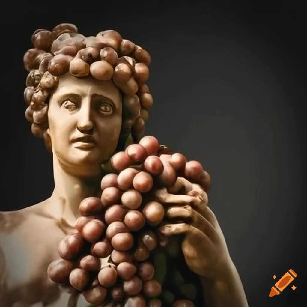 Sculpture of a figure holding grapes on Craiyon