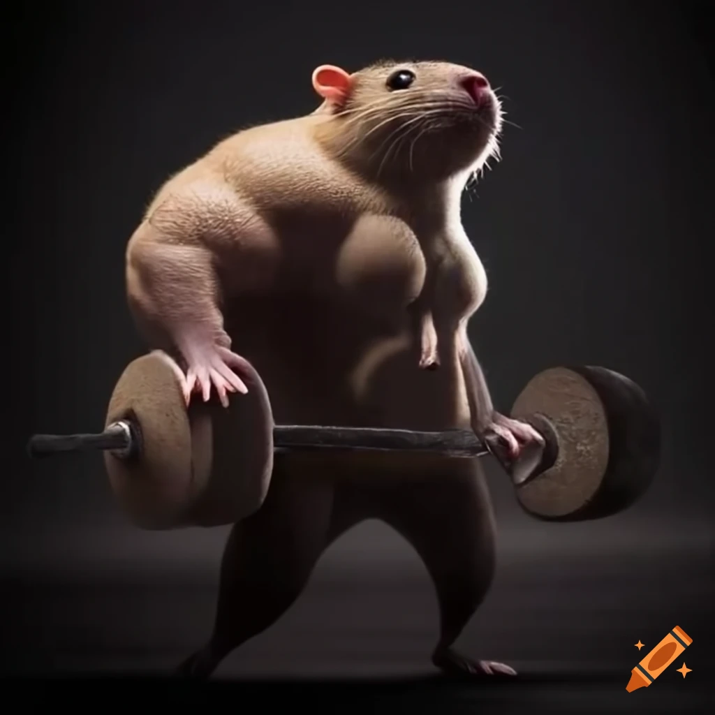 Humorous art of a rat lifting weights