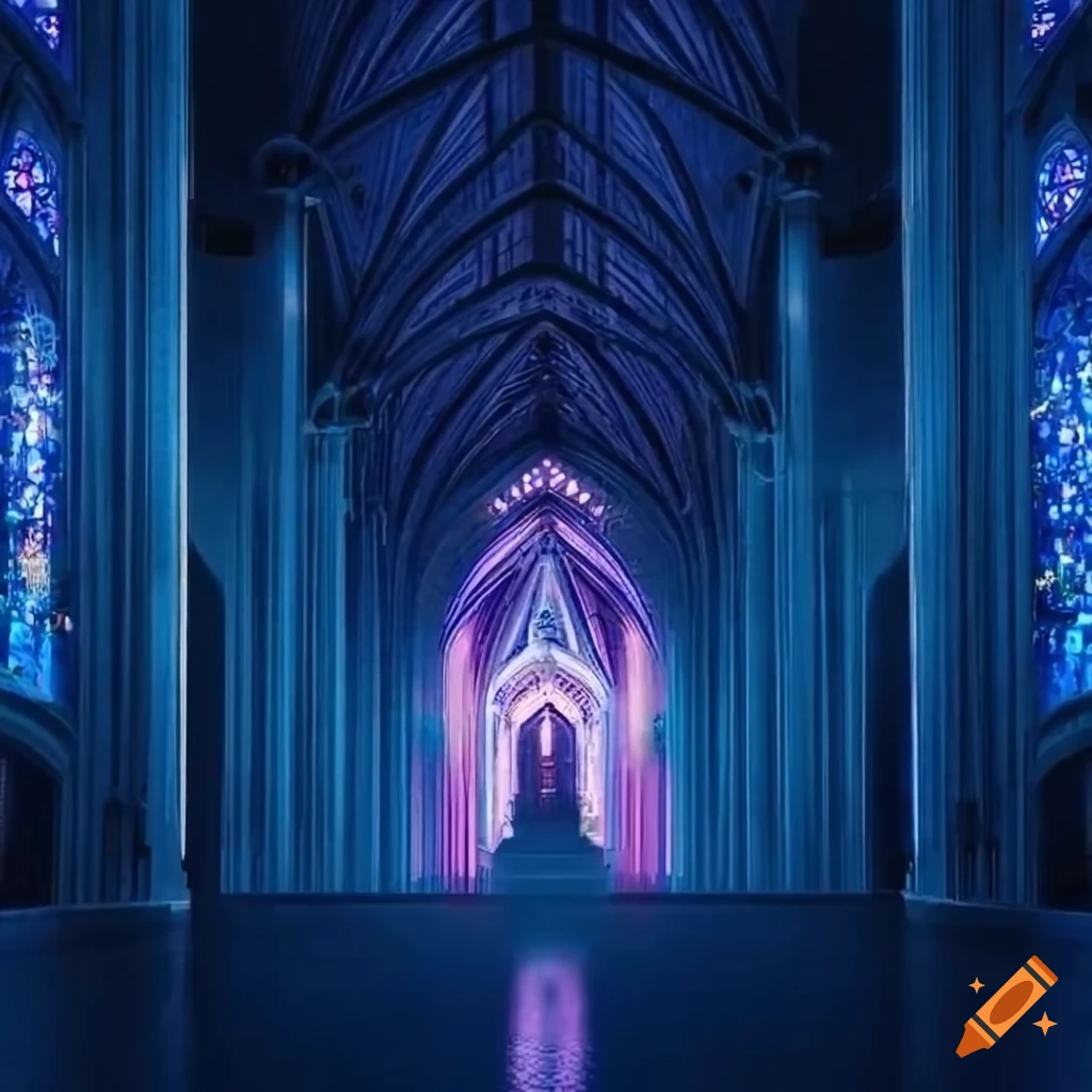 detailed night view of a futuristic gothic church