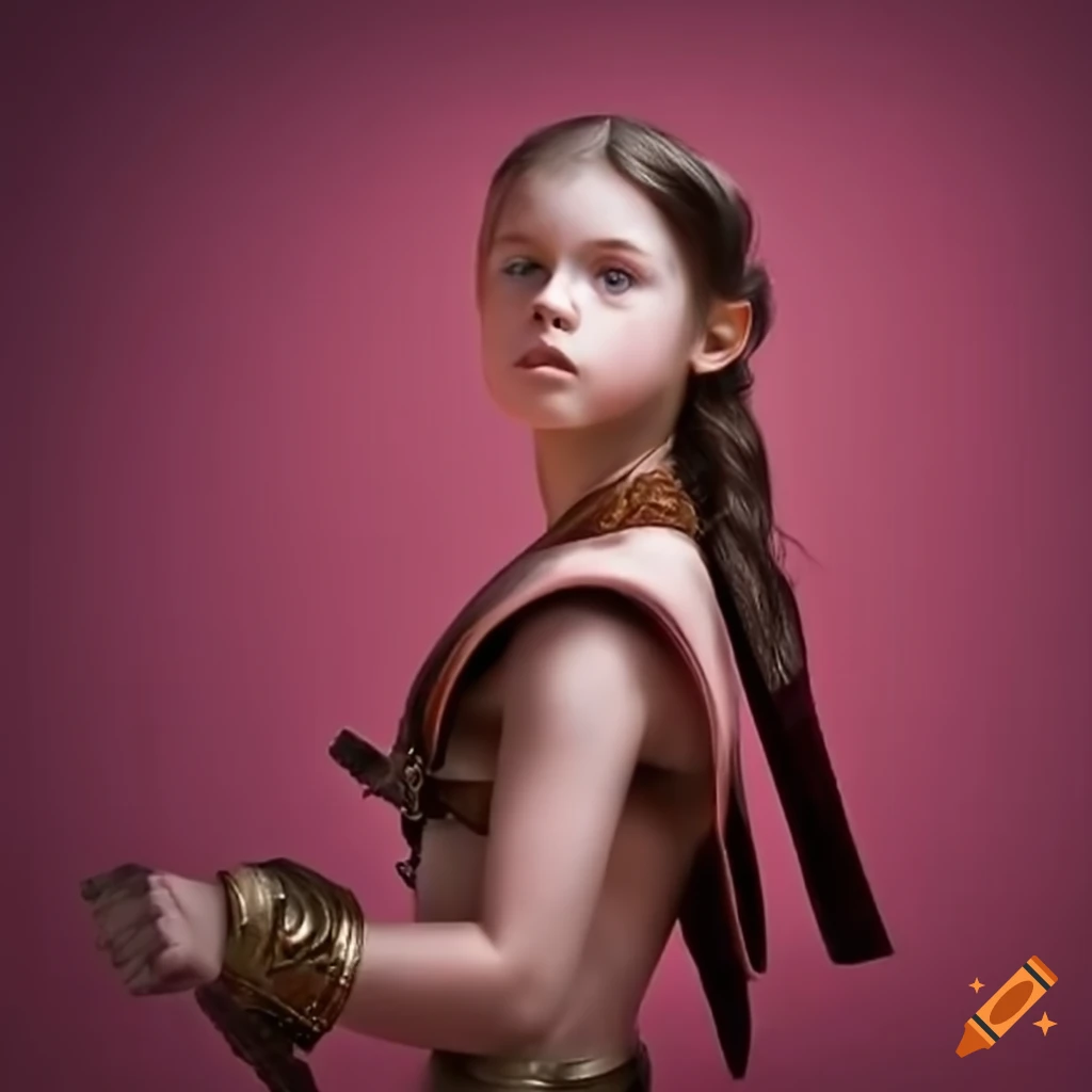 side view of a young gladiator girl against a pink background