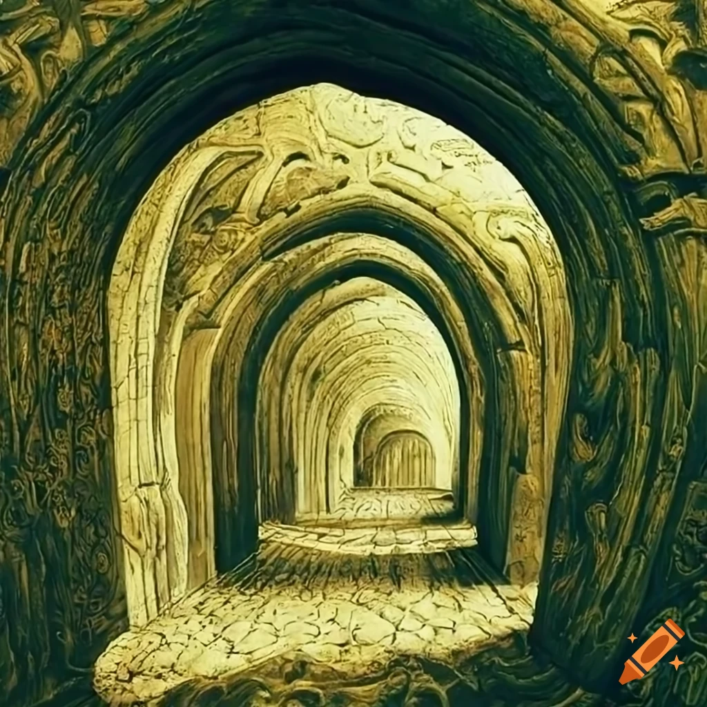Baroque artwork of underground tunnels with intricate carvings