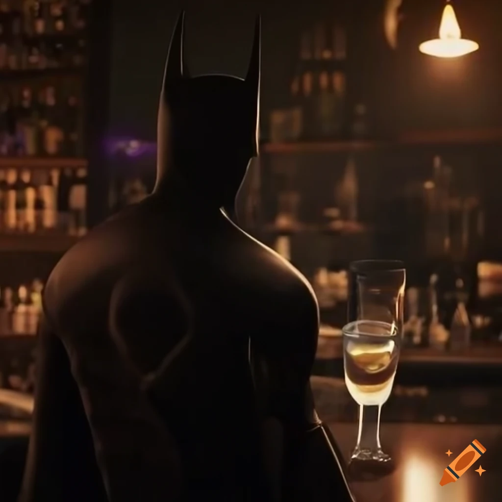 Batman with a cocktail sitting at the beach on Craiyon