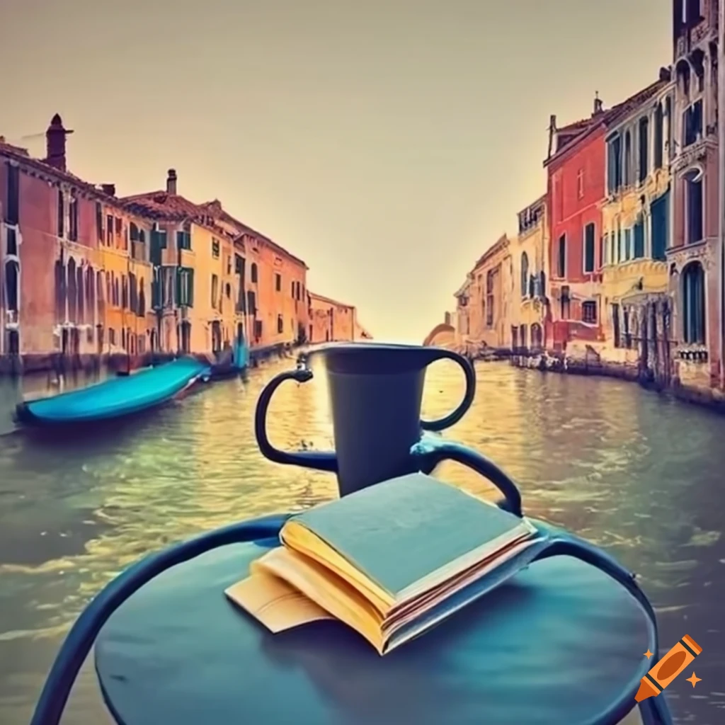 book on a coffee table overlooking a canal in Venice