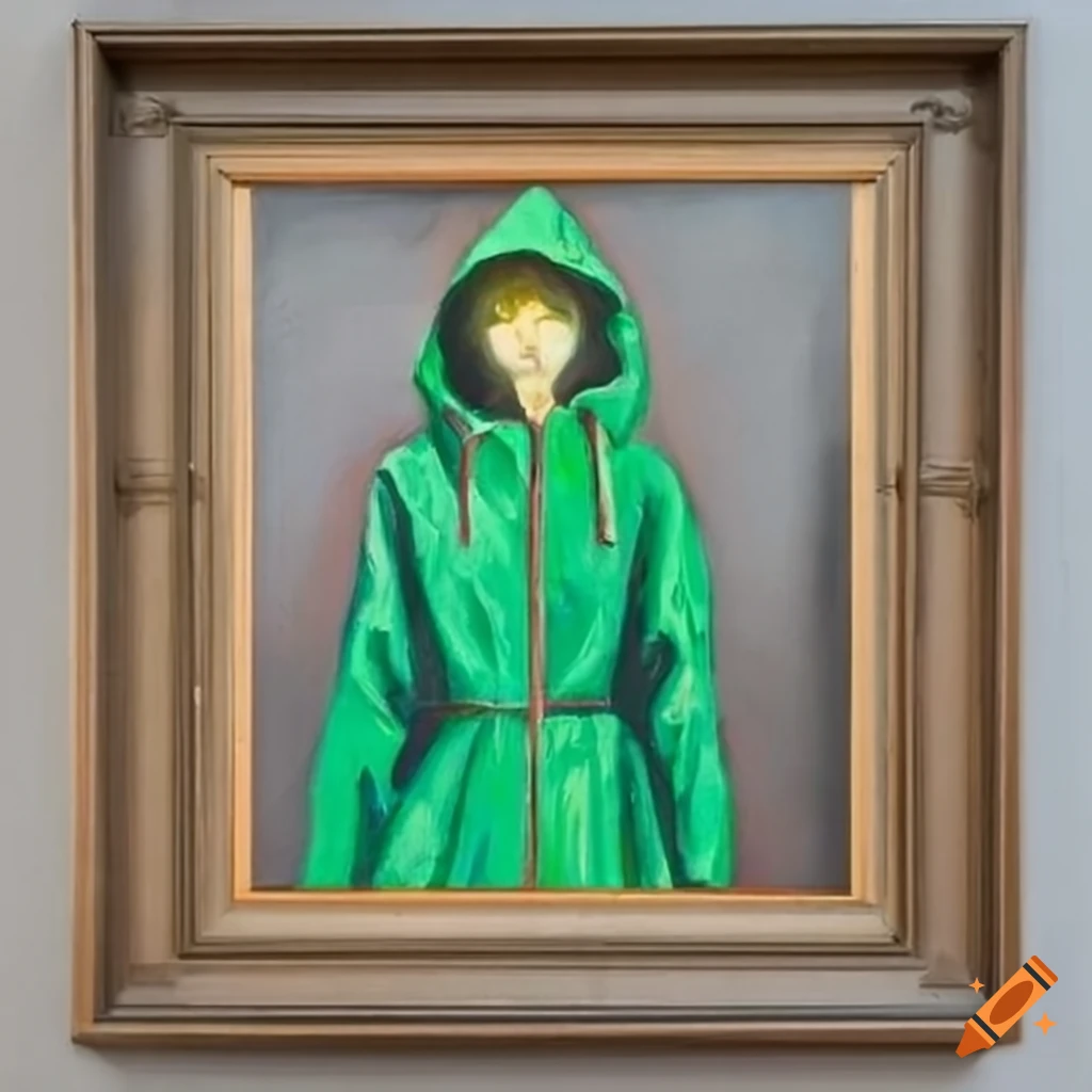 Painting of a woman in green raincoat under a streetlight on Craiyon
