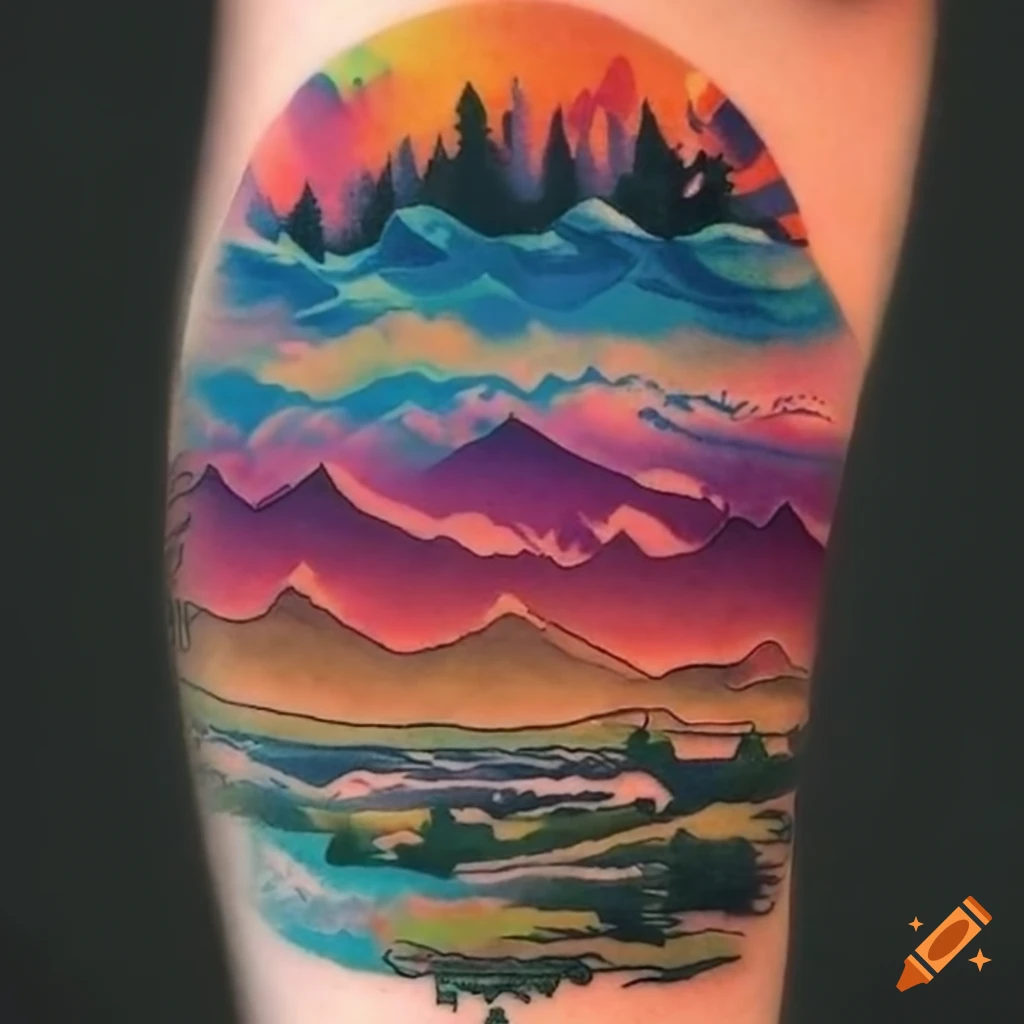 Art of Sarah Jane - Rainbow pastel watercolour landscape tattoo from my  flash that took around 2 hours. Thanks for choosing my designs! I gotta do  up some more like this soon
