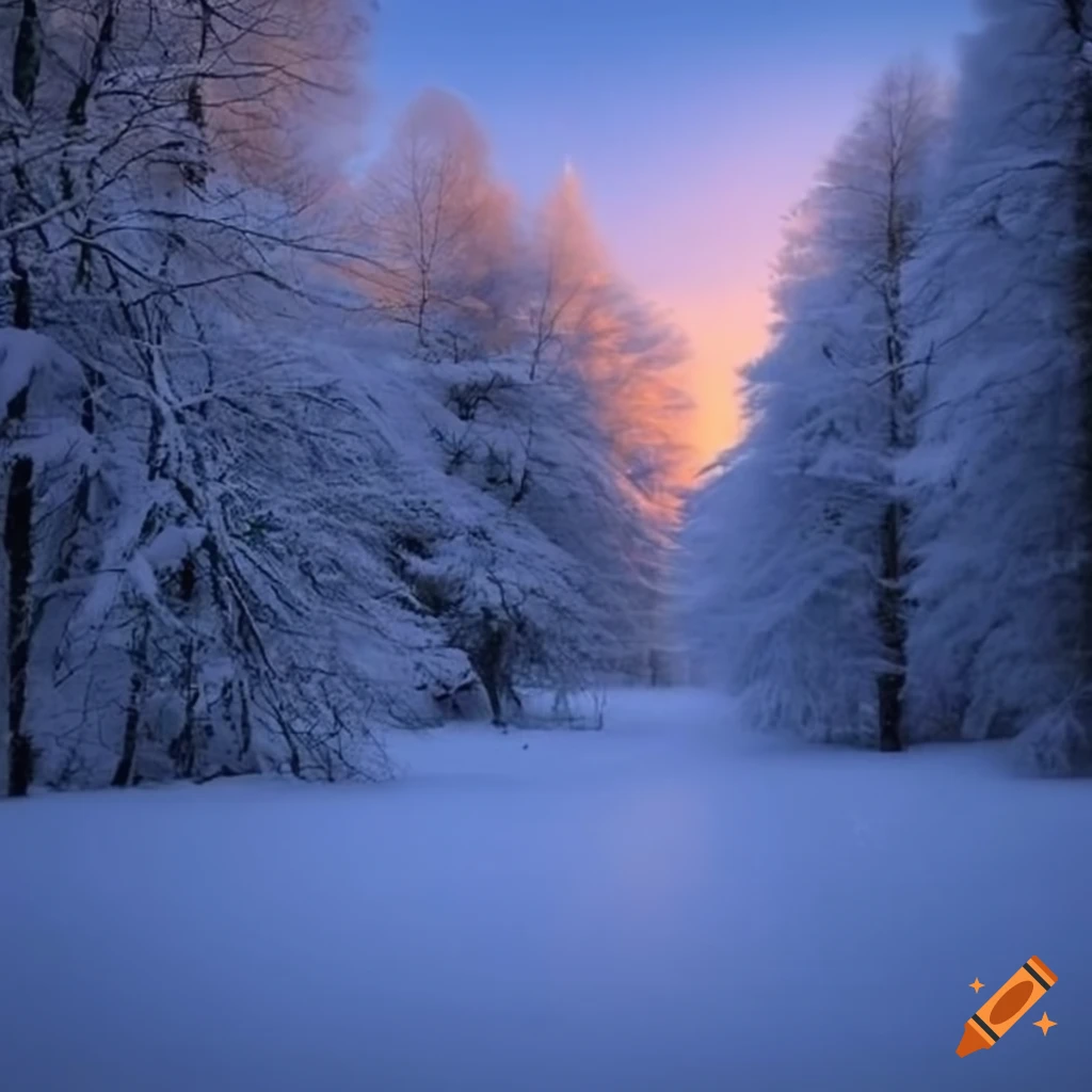 verschneiter Winterwald am Abend