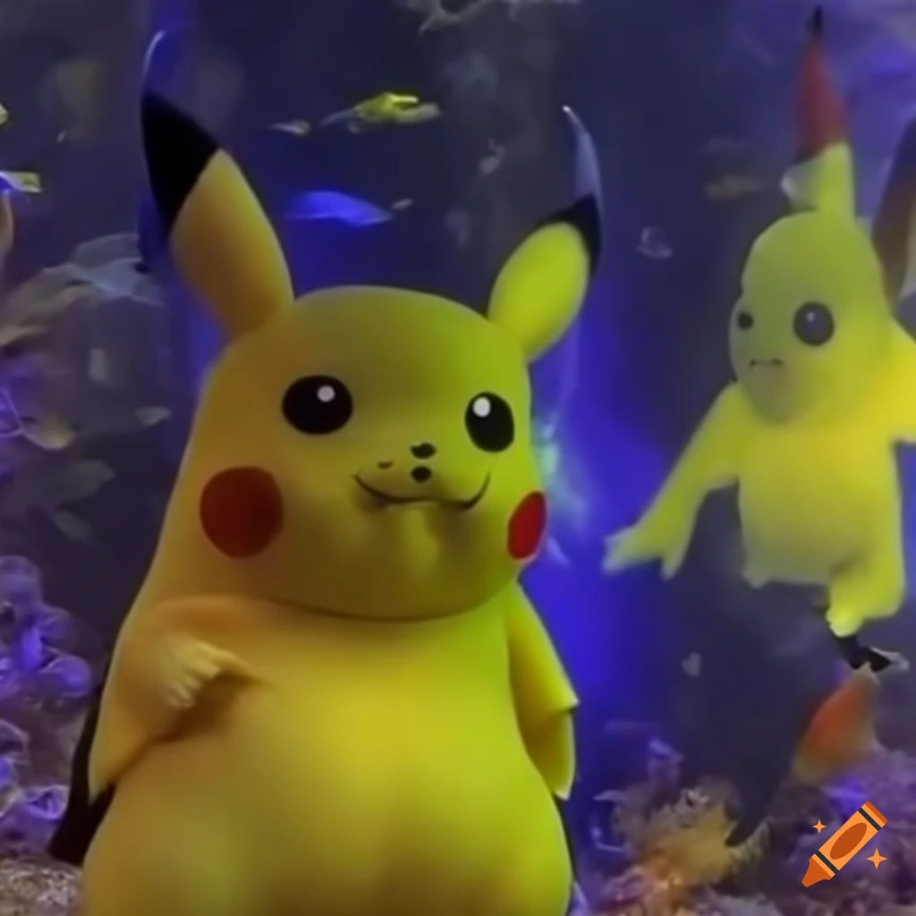 Pikachu amazed by fish in an aquarium on Craiyon