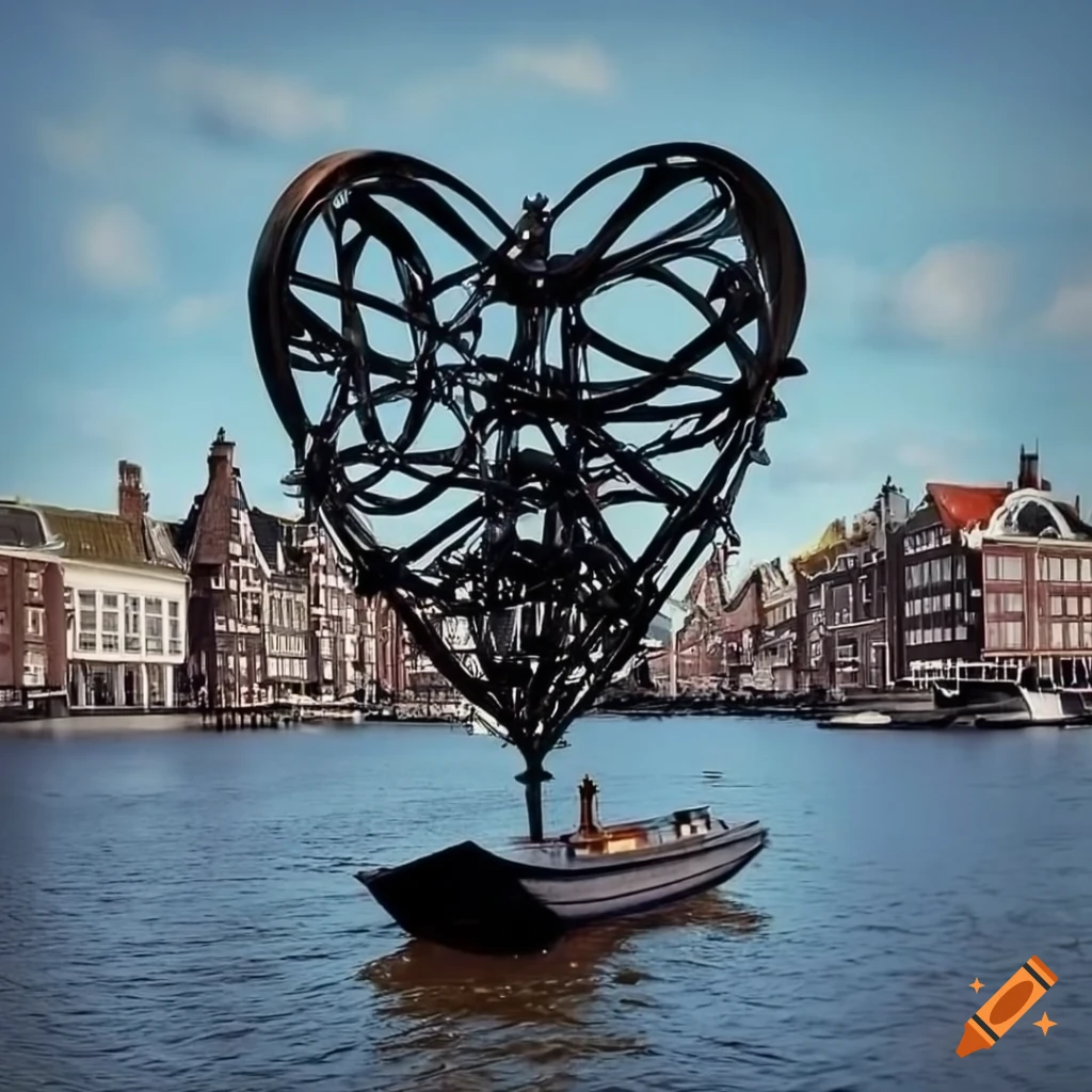 metal sculpture of a robotic heart on a lollipop sailing through Amsterdam