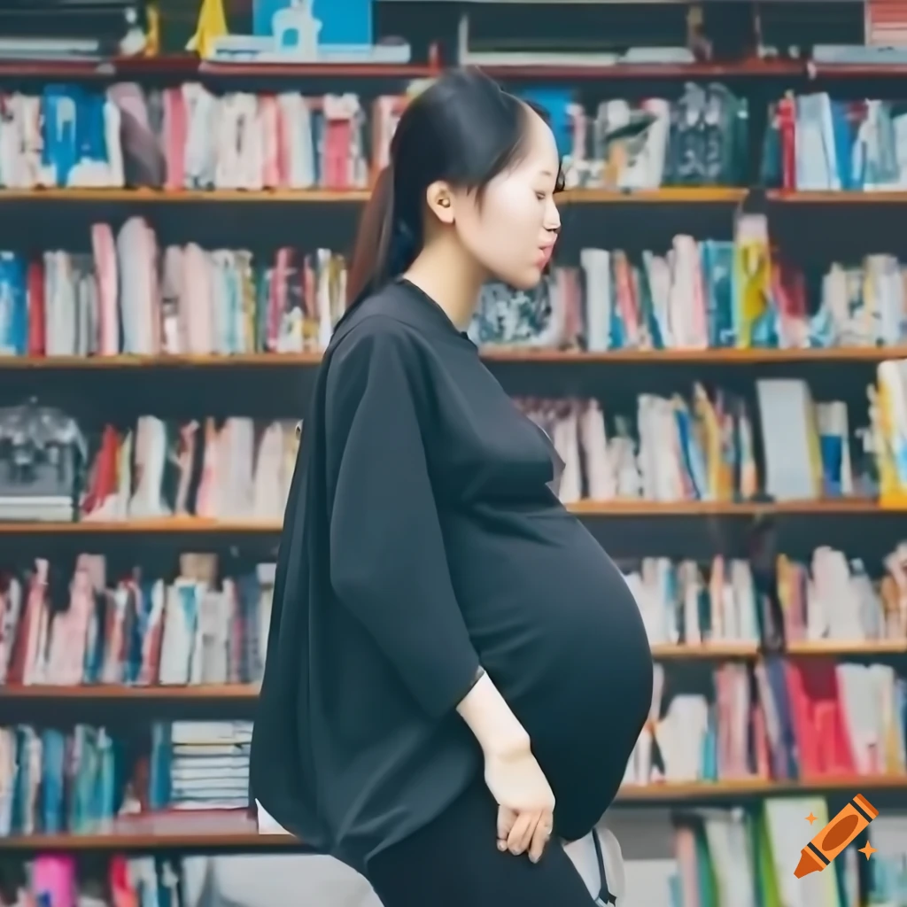 pregnant Chinese woman with giant belly in a bookstore