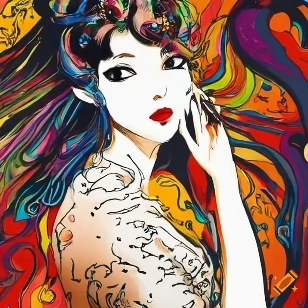 colorful manga sketch of a Japanese woman in white
