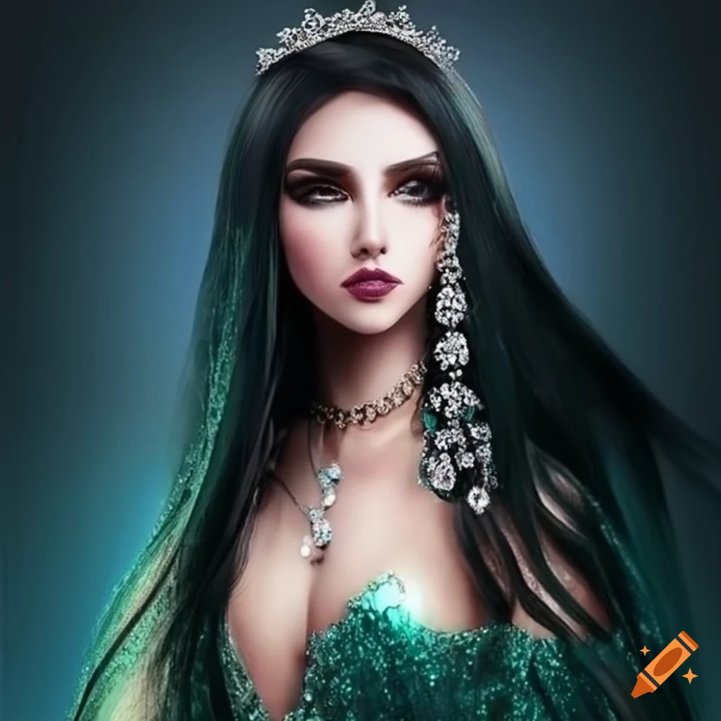 elegant princess in a dark green sequin velvet dress