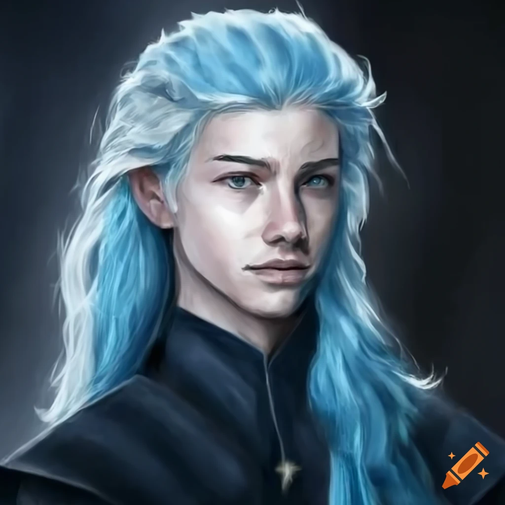 portrait of a male teen with icy blue hair