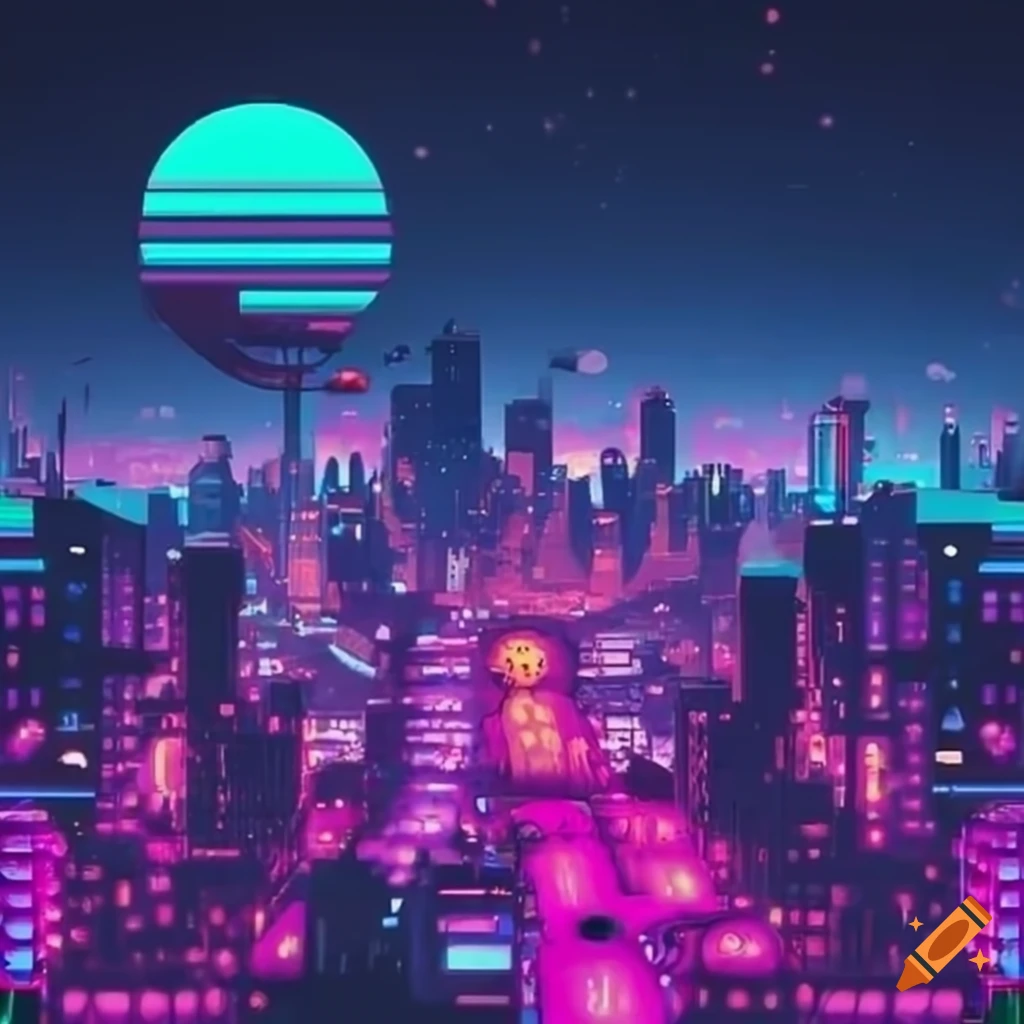 cityscape artwork with a synthwave theme